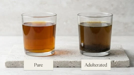 Warm water purity test for liquid Shilajit showing golden-brown dissolving solution in a clear glass
