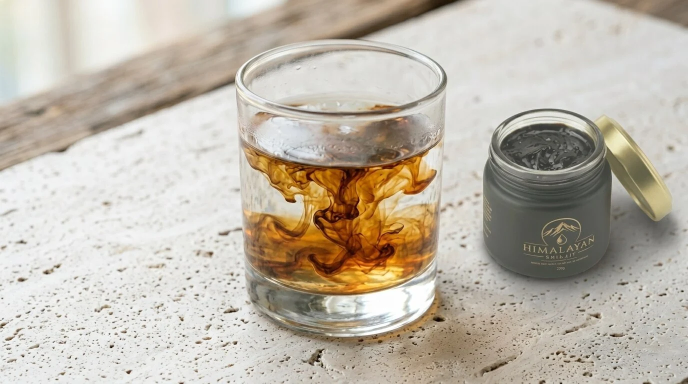 Side-by-side comparison of pure Shilajit dissolved in water showing clear golden-brown solution versus fake Shilajit showing cloudy residue and sediment